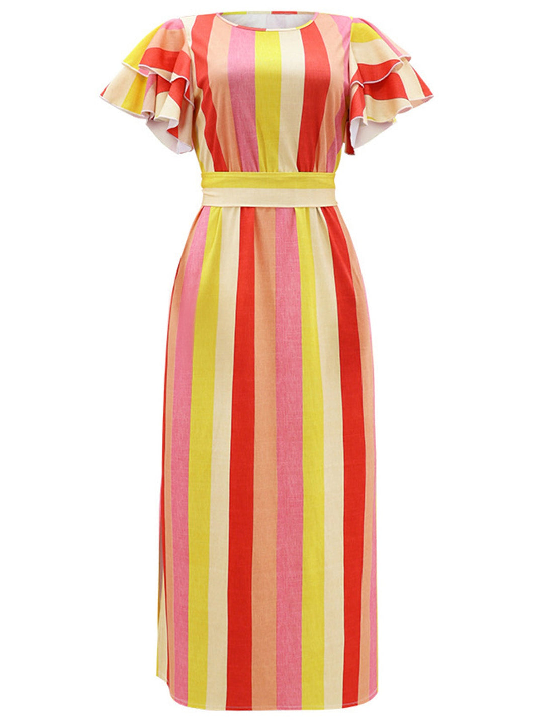 She slips into this 1970s Roman Stripes Ruffle Sleeve Dress and suddenly it&