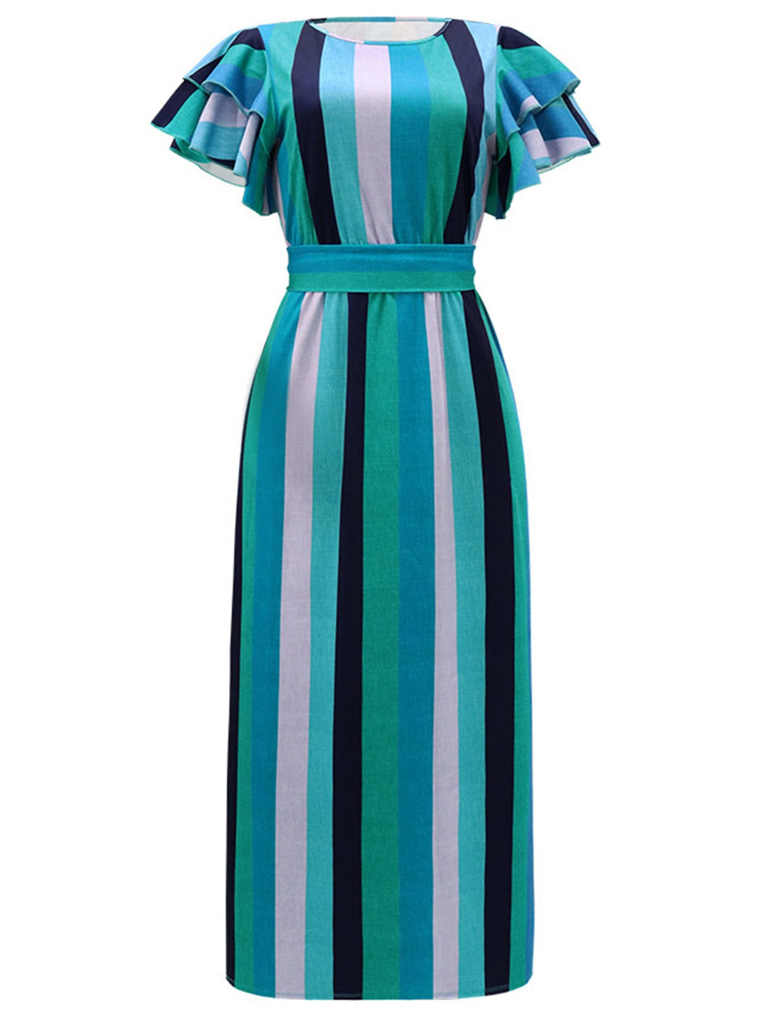 1970s Roman Stripes Ruffle Sleeve Dress — a 1970s silhouette that turns sidewalks into runways