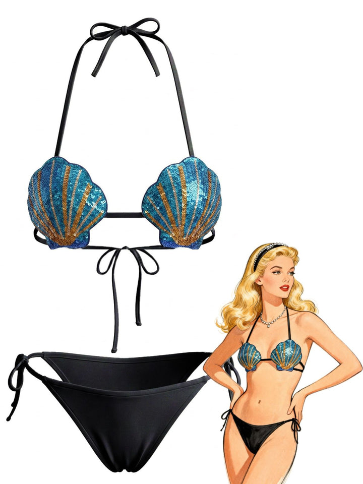 Sequined Embellished Shell Triangle Bikini Set, vintage swimsuit, swimwear, retro beach style, women, elegant