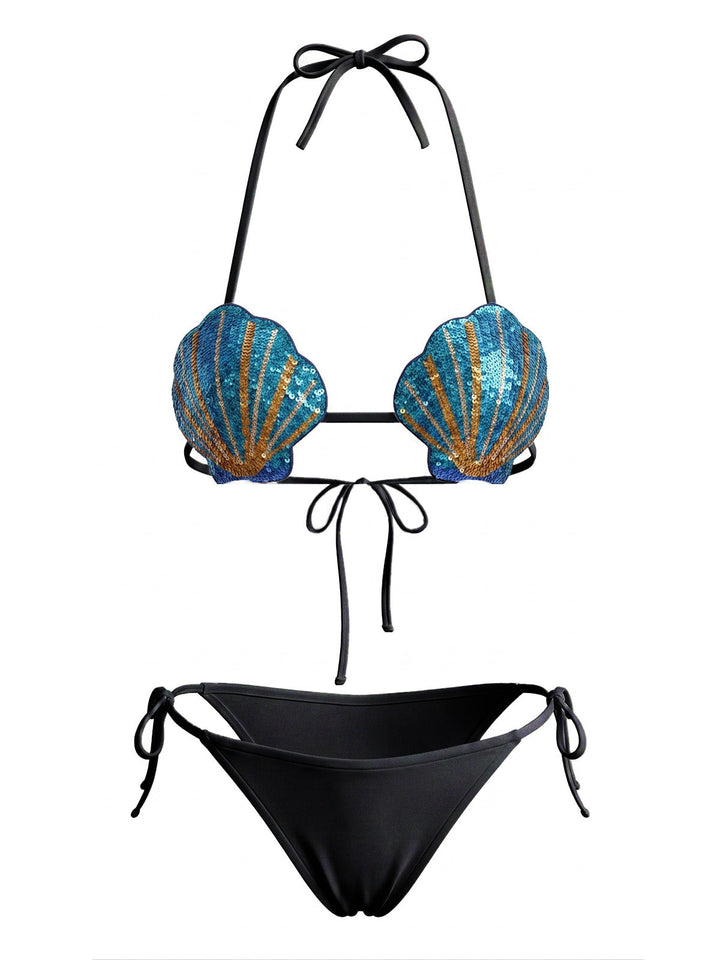 Sequined Embellished Shell Triangle Bikini Set, vintage swimsuit, swimwear, retro beach style, women, elegant
