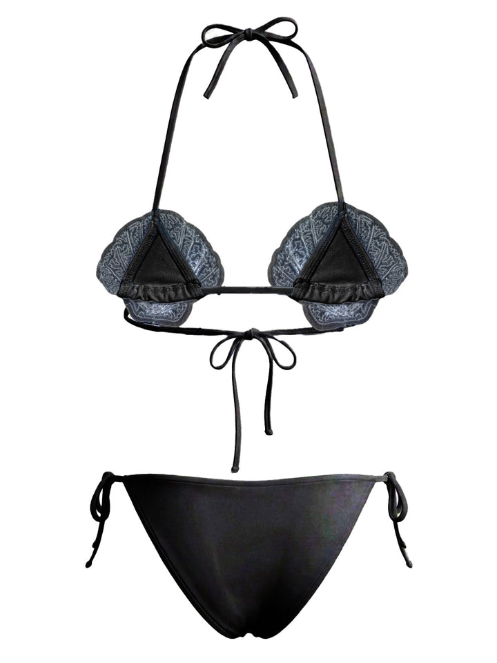 Sequined Embellished Shell Triangle Bikini Set, vintage swimsuit, swimwear, retro beach style, women, elegant