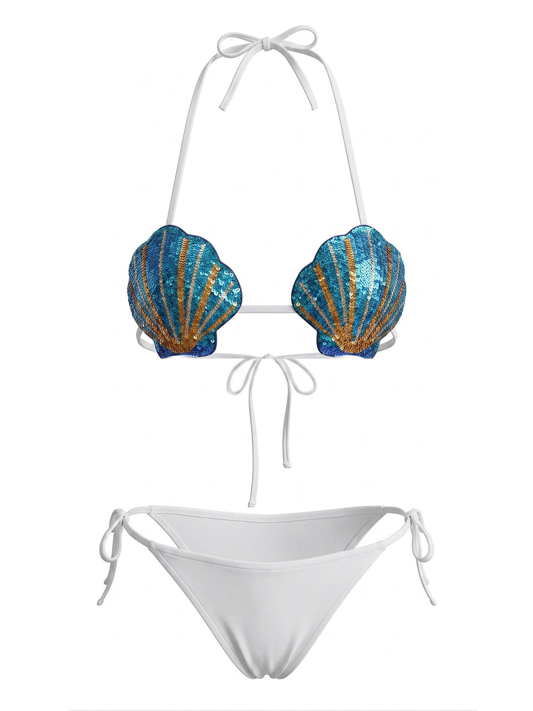 Sequined Embellished Shell Triangle Bikini Set, vintage swimsuit, swimwear, retro beach style, women, elegant