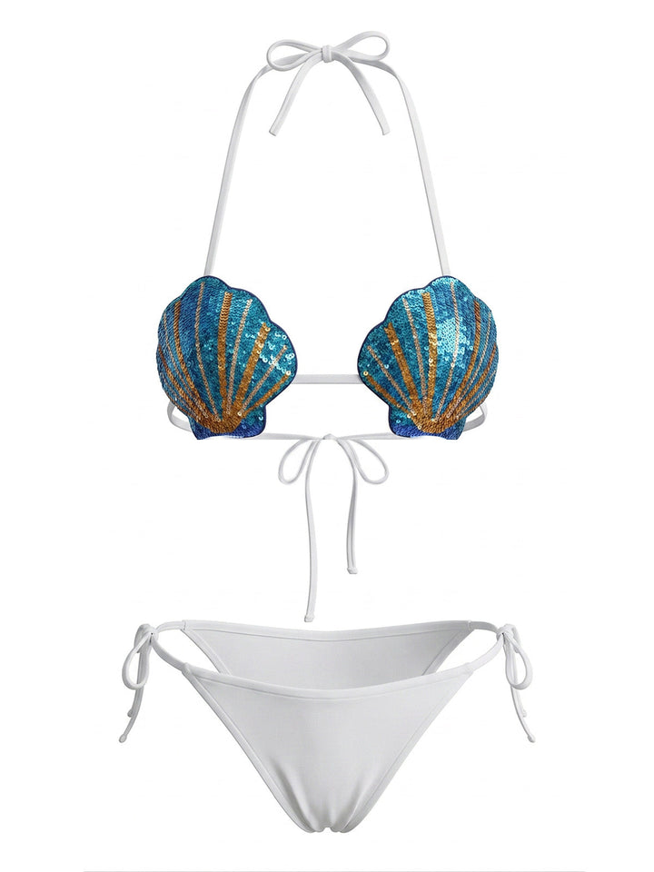 Sequined Embellished Shell Triangle Bikini Set, vintage swimsuit, swimwear, retro beach style, women, elegant