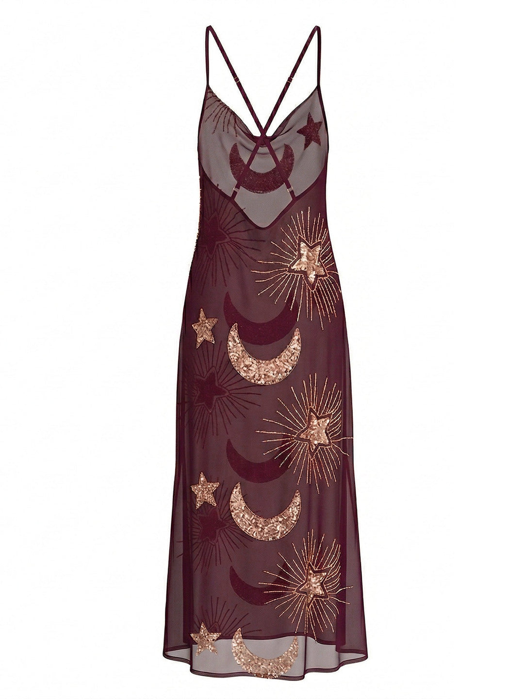 1970s Sheer Celestial Embroidered Sequin Maxi Cover-Up Dress - vintage dress, retro fashion, elegant red
