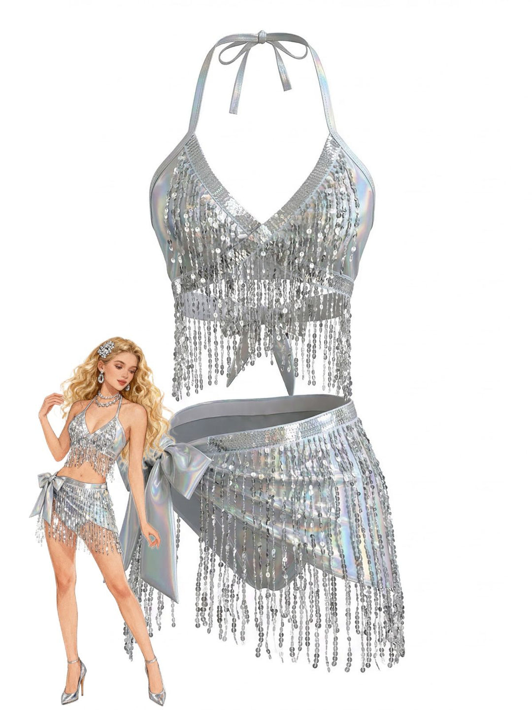 Silver 1970s Holographic Sequin Fringe Bikini Set &amp; Cover-up - vintage fashion, retro style