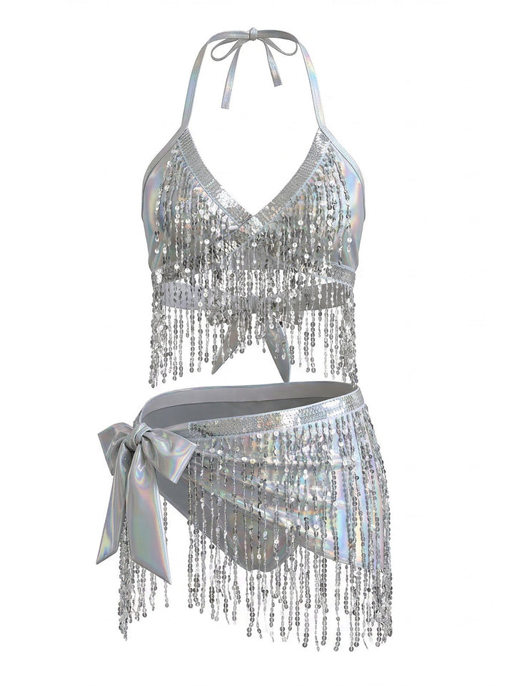 Silver 1970s Holographic Sequin Fringe Bikini Set &amp; Cover-up - vintage fashion, retro style