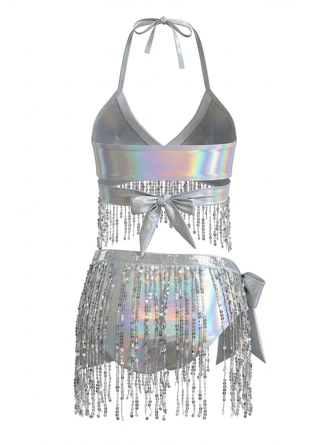 Silver 1970s Holographic Sequin Fringe Bikini Set &amp; Cover-up - vintage fashion, retro style