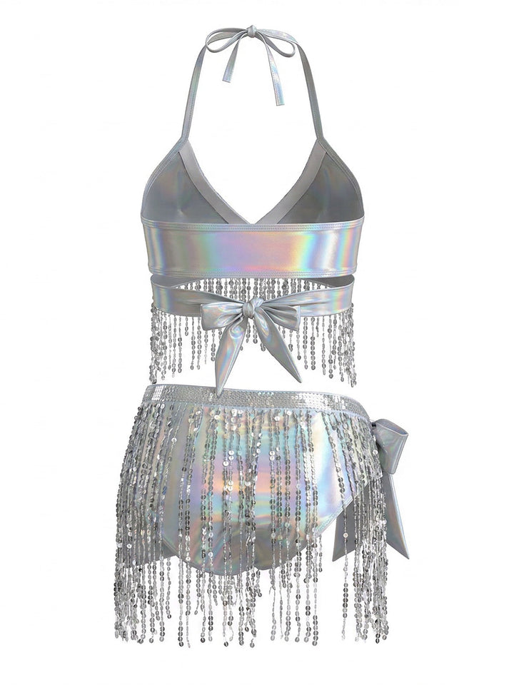 Silver 1970s Holographic Sequin Fringe Bikini Set &amp; Cover-up - vintage fashion, retro style