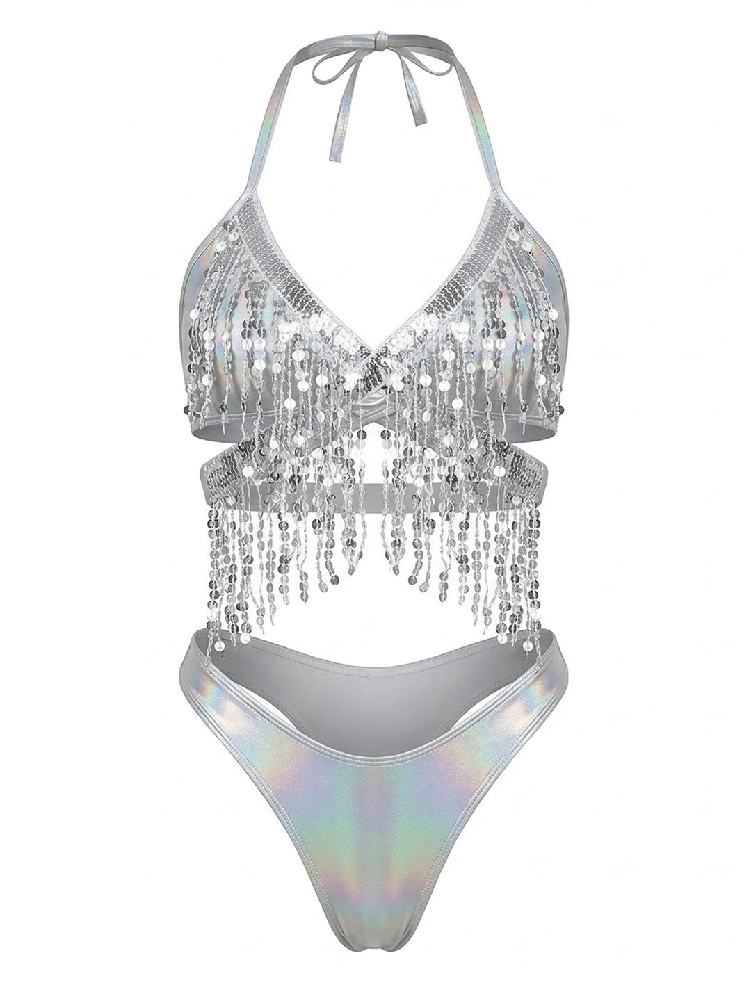 Silver 1970s Holographic Sequin Fringe Bikini Set &amp; Cover-up - vintage fashion, retro style