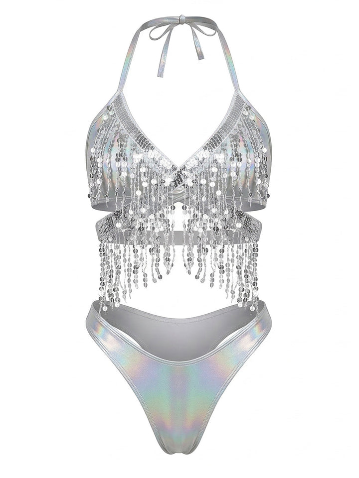 Silver 1970s Holographic Sequin Fringe Bikini Set &amp; Cover-up - vintage fashion, retro style