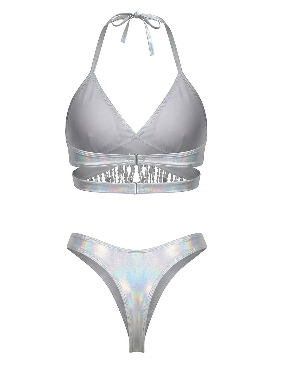 Silver 1970s Holographic Sequin Fringe Bikini Set &amp; Cover-up - vintage fashion, retro style