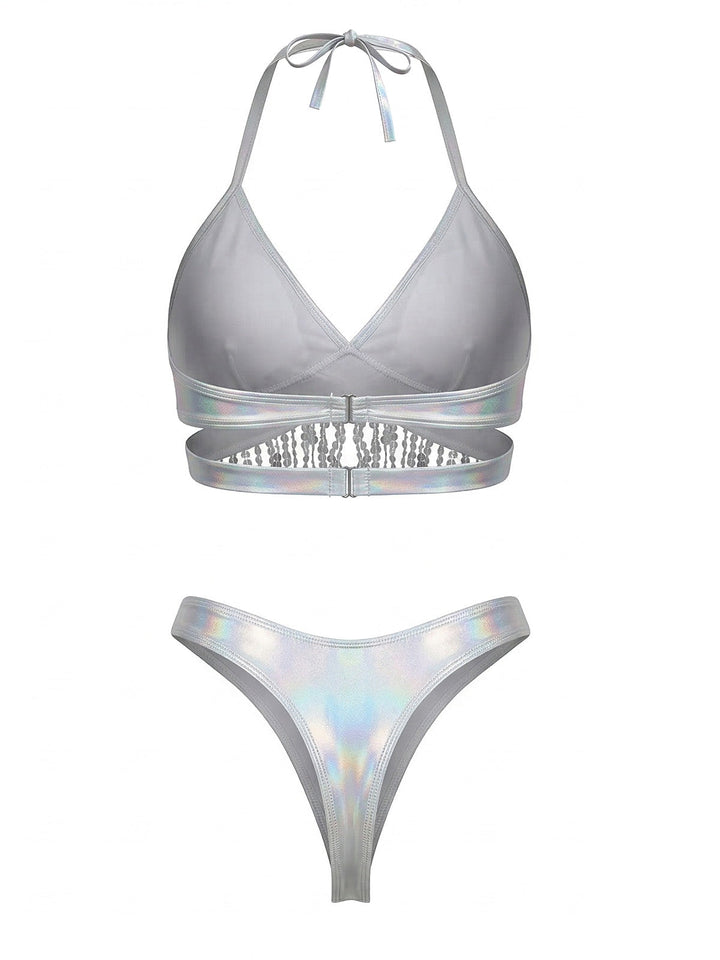 Silver 1970s Holographic Sequin Fringe Bikini Set &amp; Cover-up - vintage fashion, retro style
