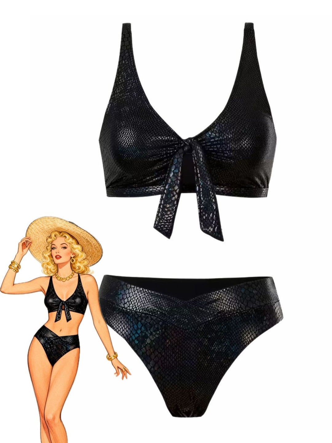 1970s Snakeskin Metallic Tie-Front Bikini Set - vintage fashion, retro style
