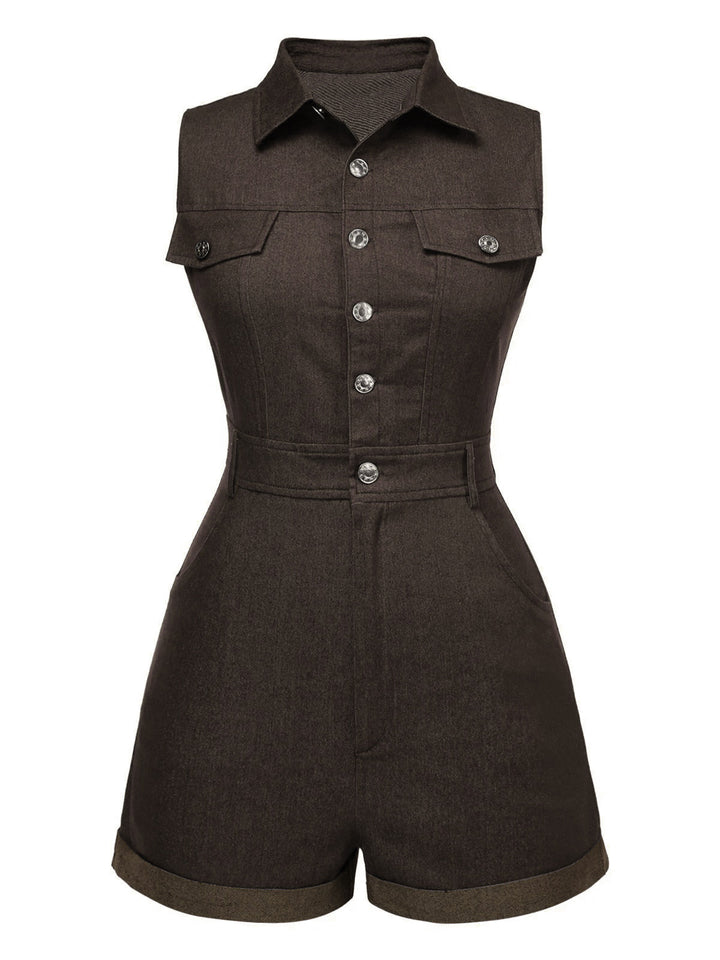 She finds her 1970s story in this 1970s Solid Cotton Sleeveless Denim Romper