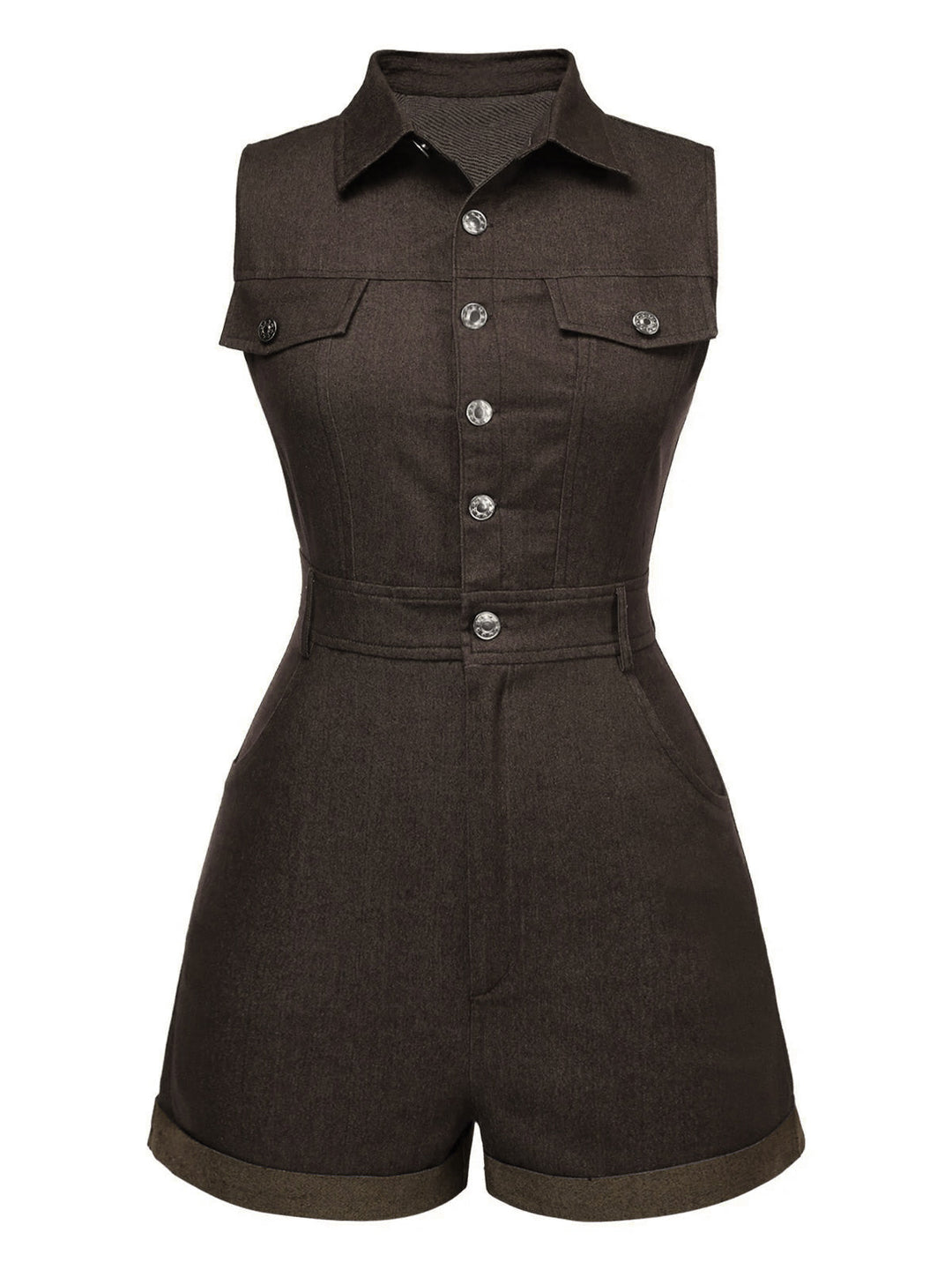 She finds her 1970s story in this 1970s Solid Cotton Sleeveless Denim Romper