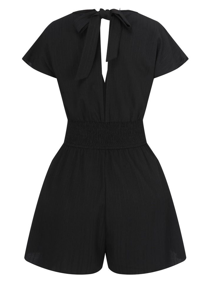 1970s Solid Elastic Waist Wrap V-Neck Romper, vintage romper, retro jumpsuit - perfect for women who love vintage and retro fashion