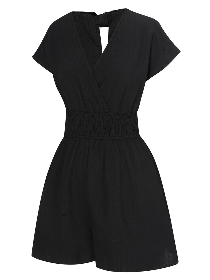 1970s Solid Elastic Waist Wrap V-Neck Romper, vintage romper, retro jumpsuit - perfect for women who love vintage and retro fashion