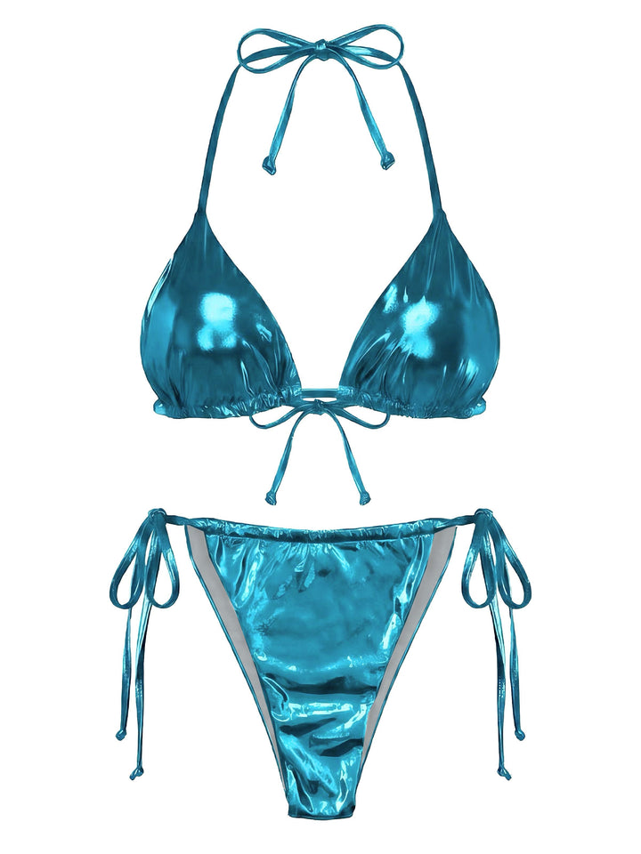 1970s Solid Halter Metallic Bikini Set, vintage swimsuit, pin-up swimwear - perfect for women who love vintage and retro fashion