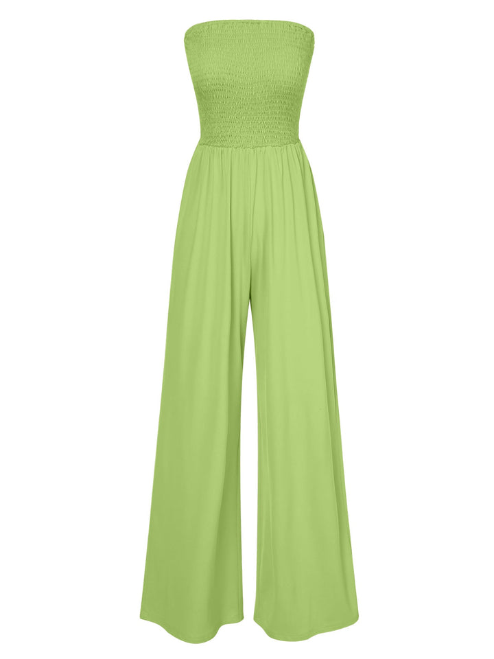 This 1970s Solid Sleeveless Smocked Bandeau Jumpsuit whispers 1970s secrets to those who notice