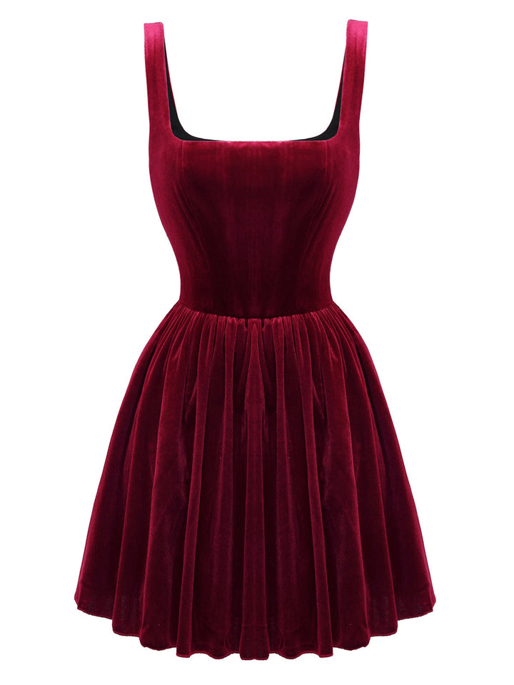 1970s Solid Square Neck Velvet Mini Dress - vintage dress, retro fashion