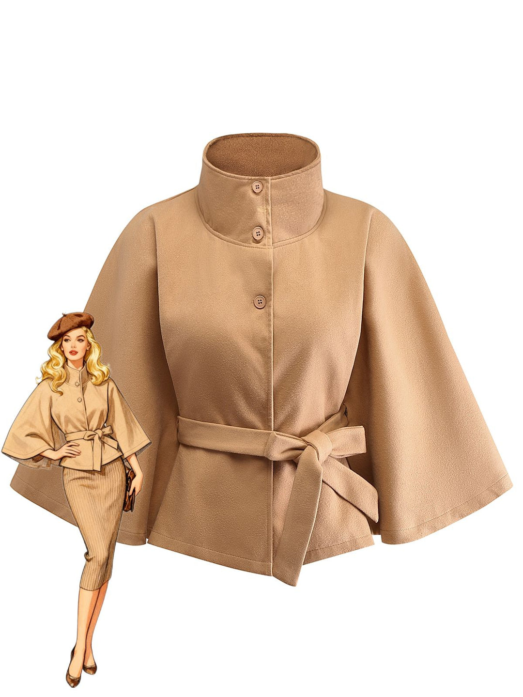 1970s Solid Turtlenecck Belted Cloak Jacket - vintage fashion, style