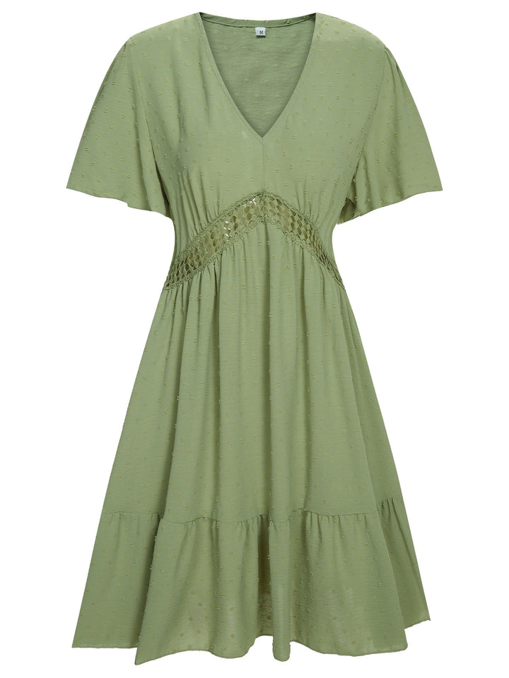 She slips into this 1970s Solid V-Neck Splicing Lace Flare Dress and suddenly it&