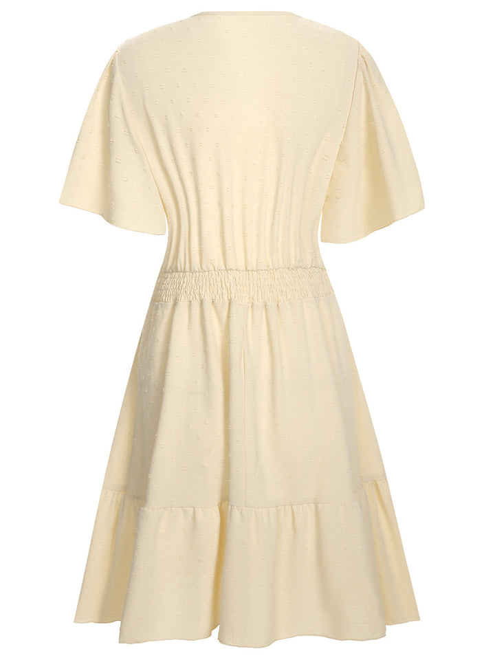 1970s Solid V-Neck Splicing Lace Flare Dress — the kind of 1970s dress that makes strangers smile