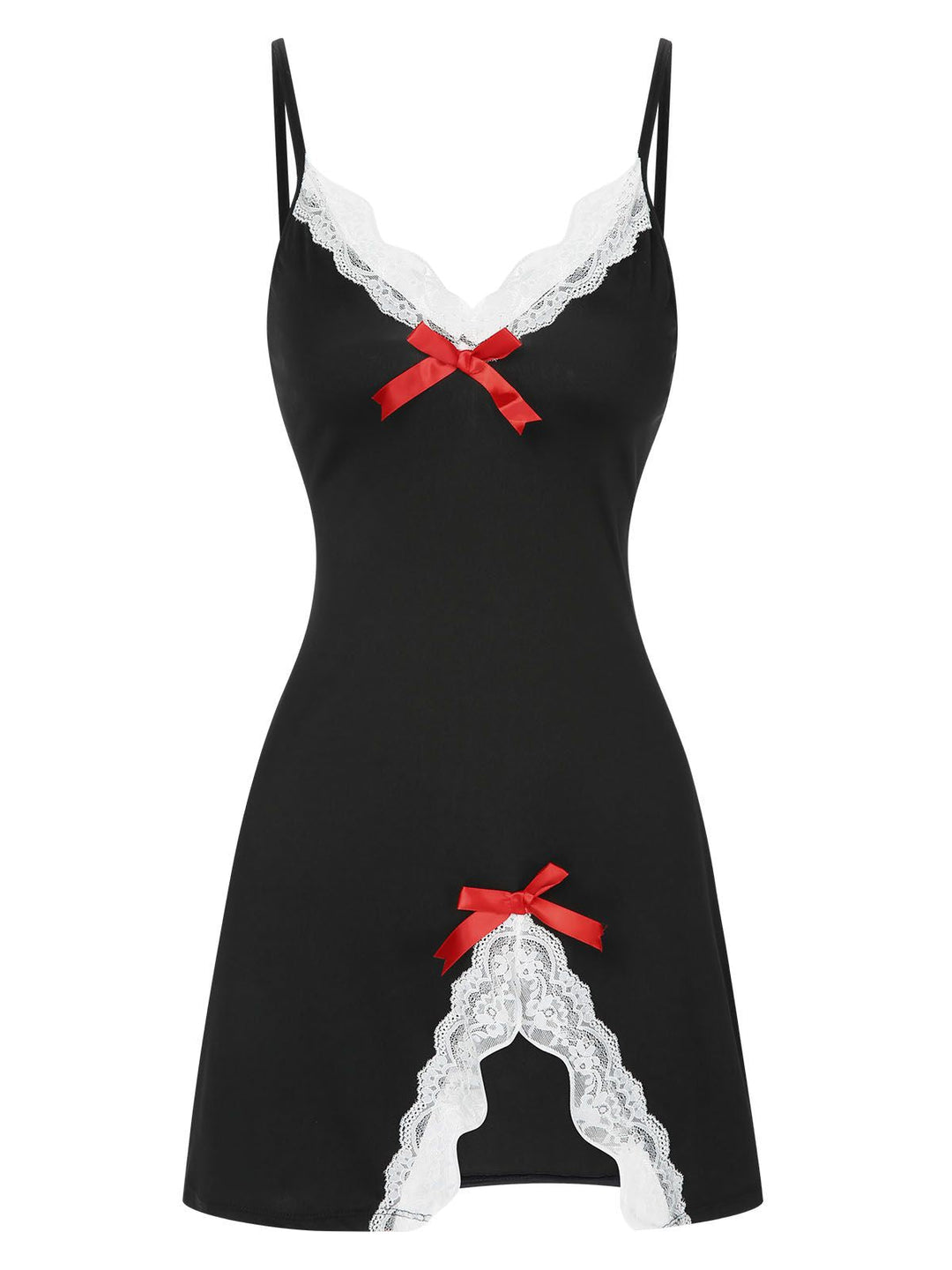She slips into this Spaghetti Strap Bow Lace Patchwork Nightgown and suddenly it&