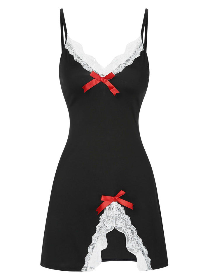 She slips into this Spaghetti Strap Bow Lace Patchwork Nightgown and suddenly it&