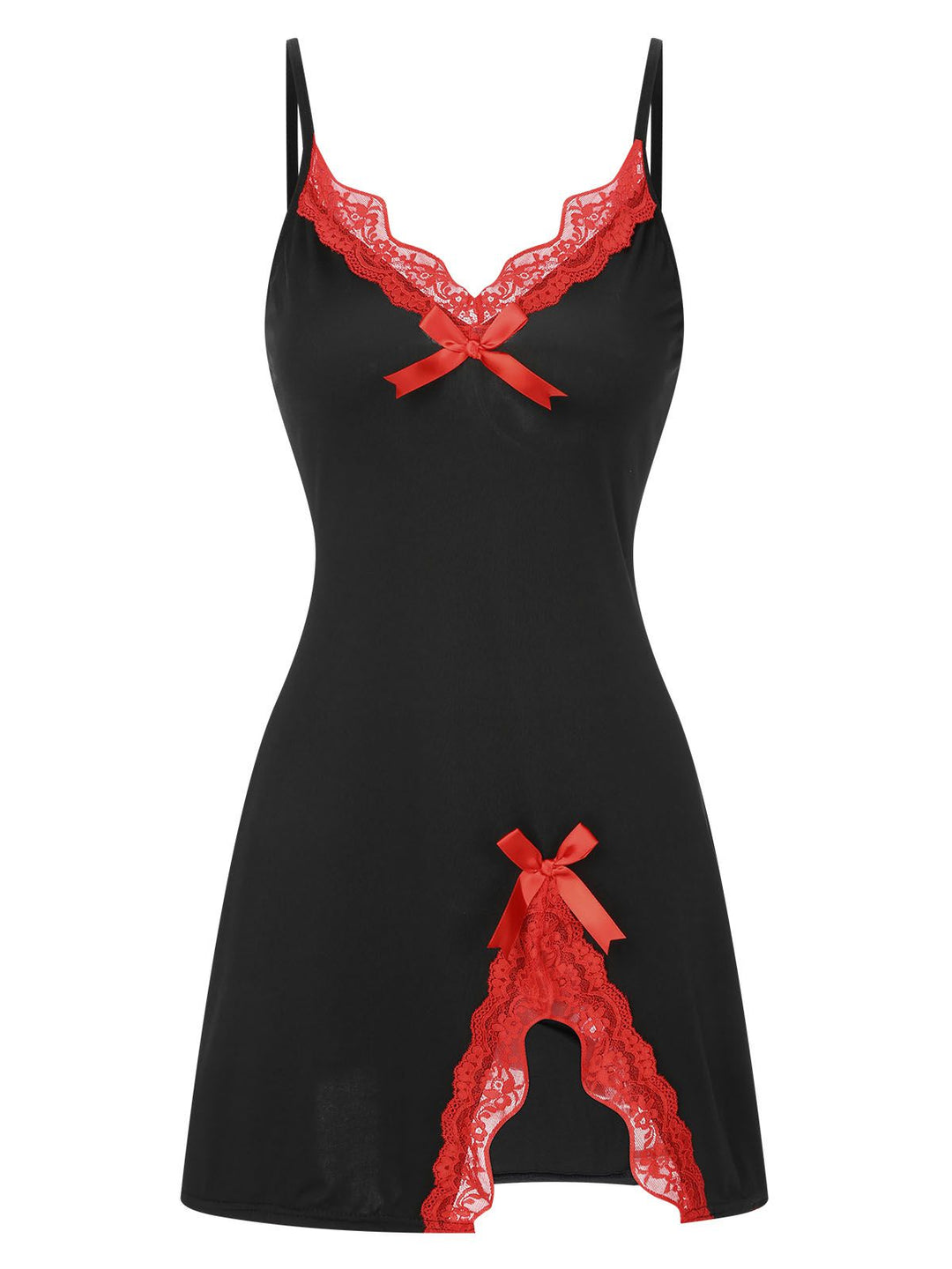 She slips into this Spaghetti Strap Bow Lace Patchwork Nightgown and suddenly it&