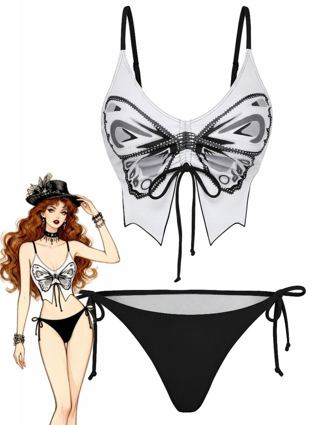 1970s Spaghetti Strap Butterfly Lace-Up Bikini Set - vintage fashion, retro style