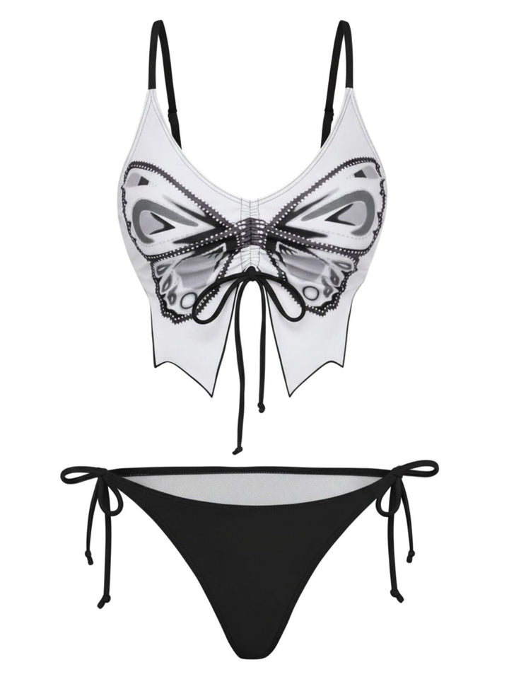 1970s Spaghetti Strap Butterfly Lace-Up Bikini Set - vintage fashion, retro style