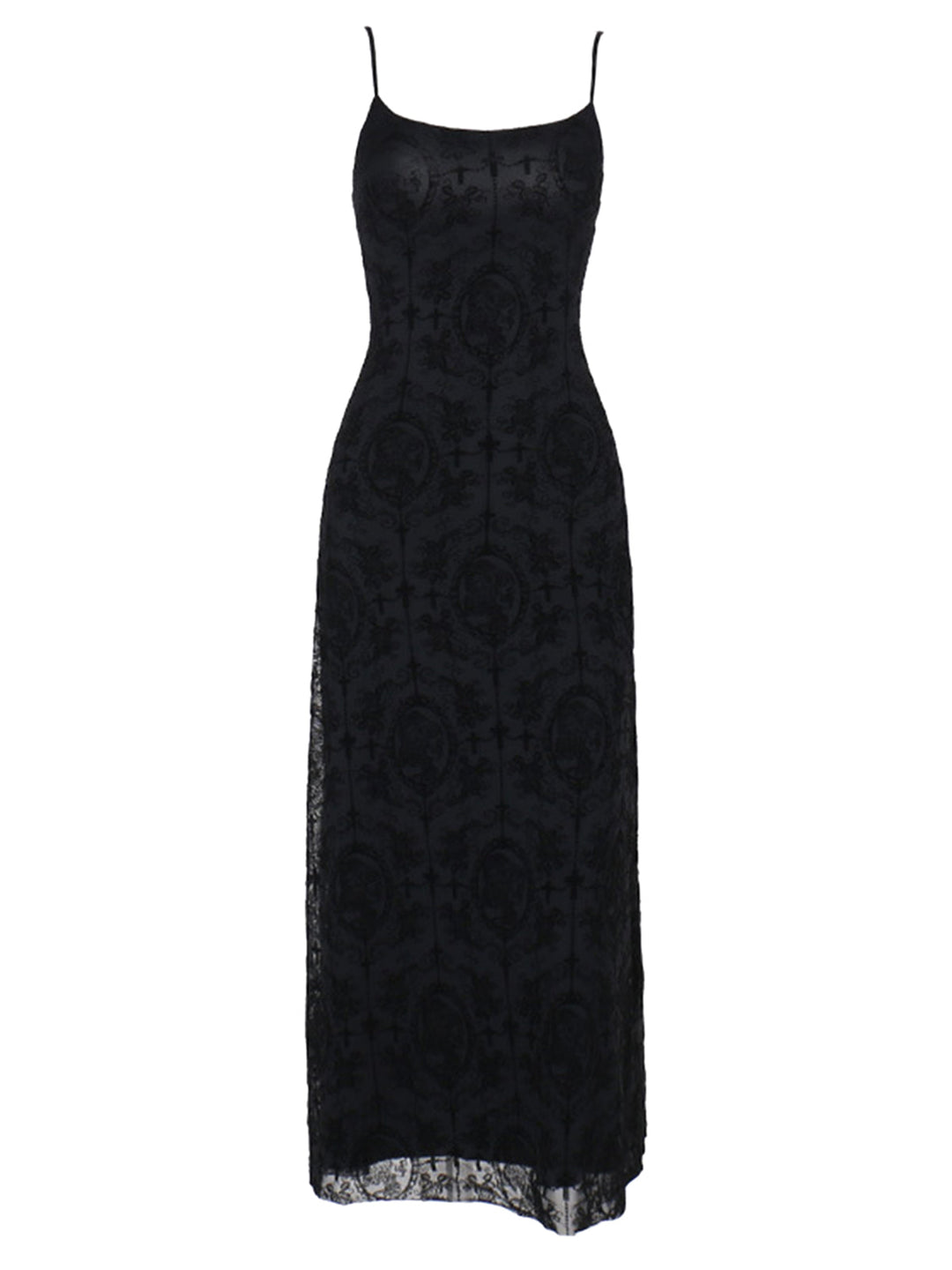 1970s Spaghetti Strap Gothic Black Lace Maxi Dress, vintage dress, retro fashion, lace detail - perfect for women who love vintage and retro fashion