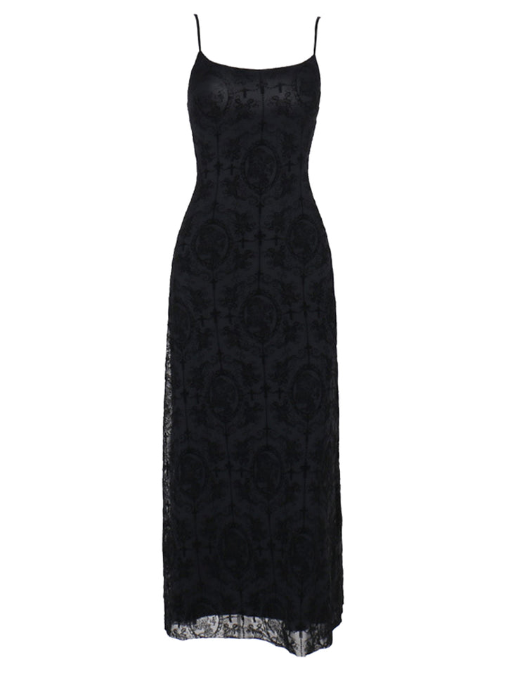 1970s Spaghetti Strap Gothic Black Lace Maxi Dress, vintage dress, retro fashion, lace detail - perfect for women who love vintage and retro fashion