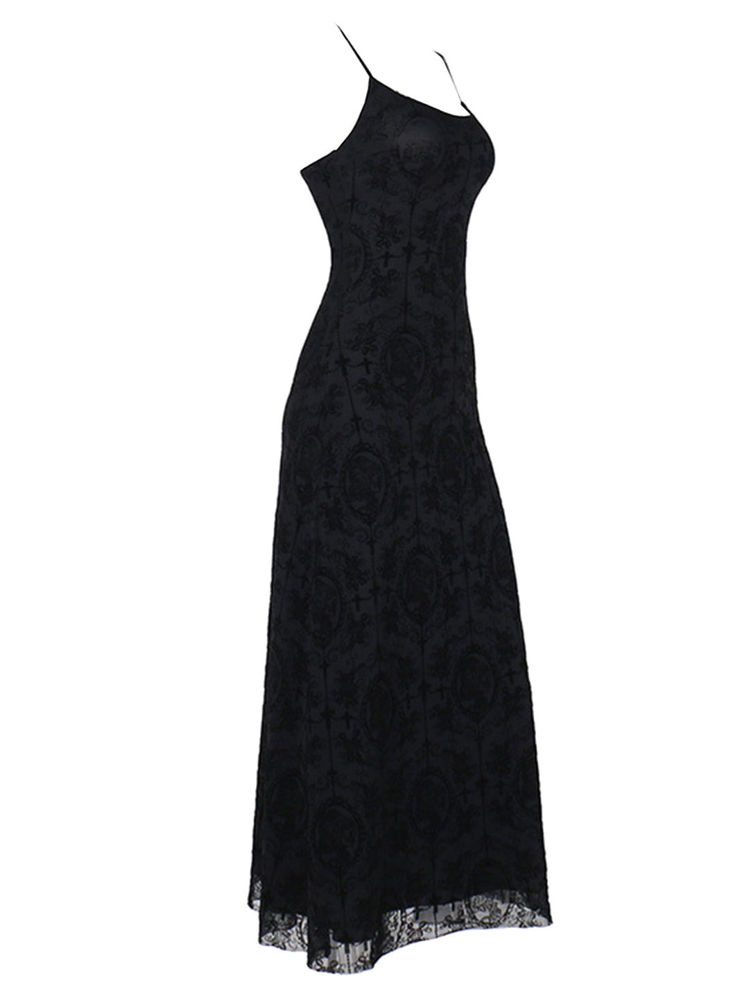 1970s Spaghetti Strap Gothic Black Lace Maxi Dress, vintage dress, retro fashion, lace detail - perfect for women who love vintage and retro fashion