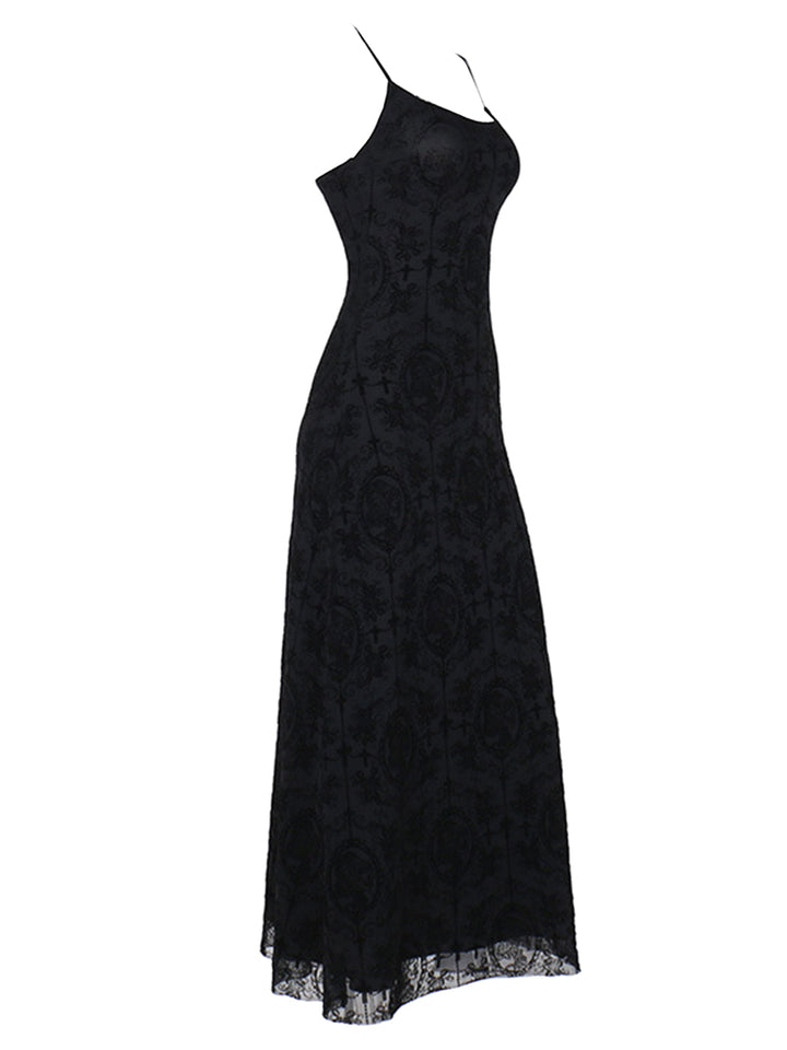 1970s Spaghetti Strap Gothic Black Lace Maxi Dress, vintage dress, retro fashion, lace detail - perfect for women who love vintage and retro fashion