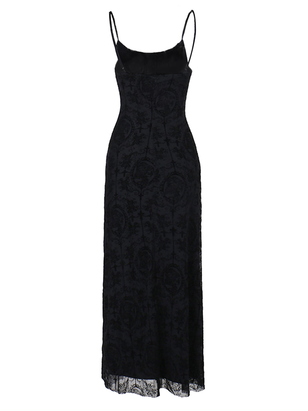 1970s Spaghetti Strap Gothic Black Lace Maxi Dress, vintage dress, retro fashion, lace detail - perfect for women who love vintage and retro fashion
