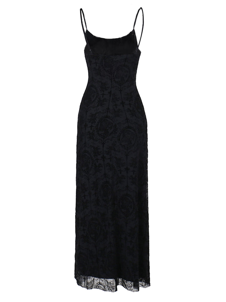 1970s Spaghetti Strap Gothic Black Lace Maxi Dress, vintage dress, retro fashion, lace detail - perfect for women who love vintage and retro fashion