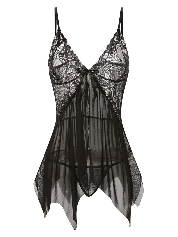 She slips into Spaghetti Strap Lace Sheer Sleepwear and channels screen sirens