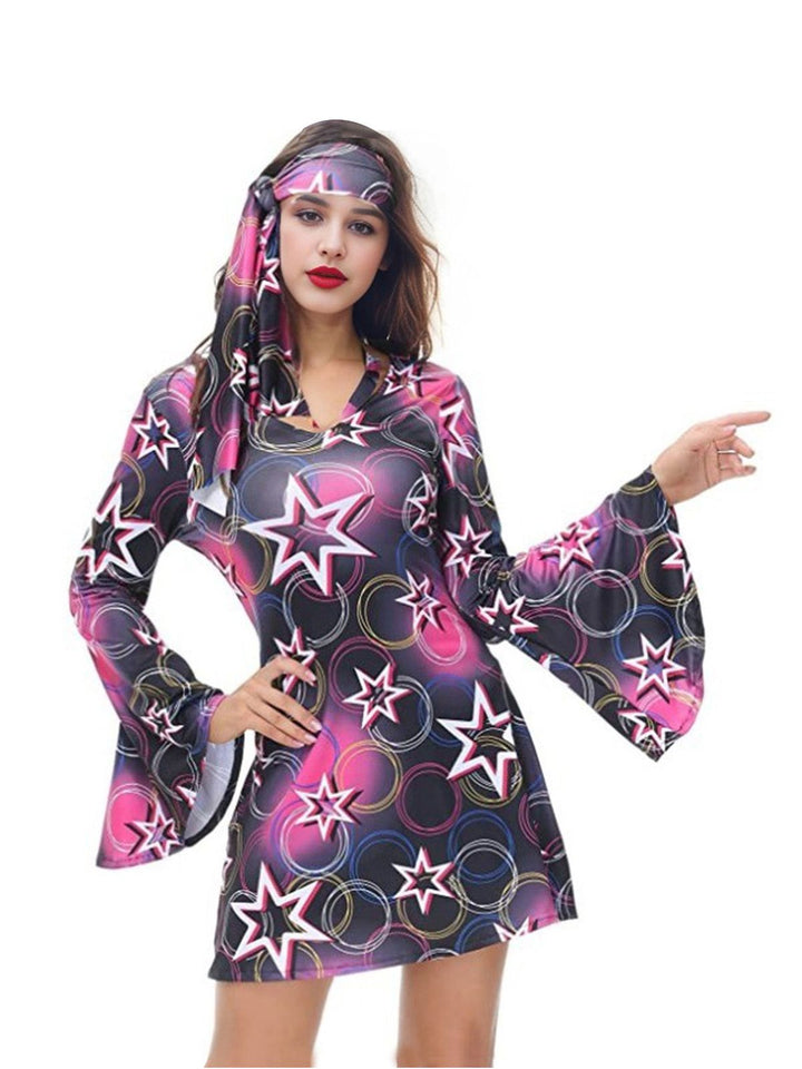 She slips into this 1970s Stars Disco Hippie Style Dress With Scarf and suddenly it&