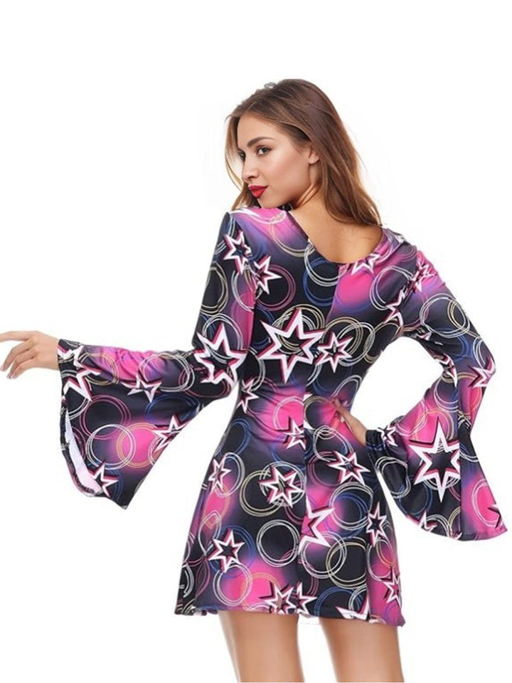 She slips into this 1970s Stars Disco Hippie Style Dress With Scarf and suddenly it&