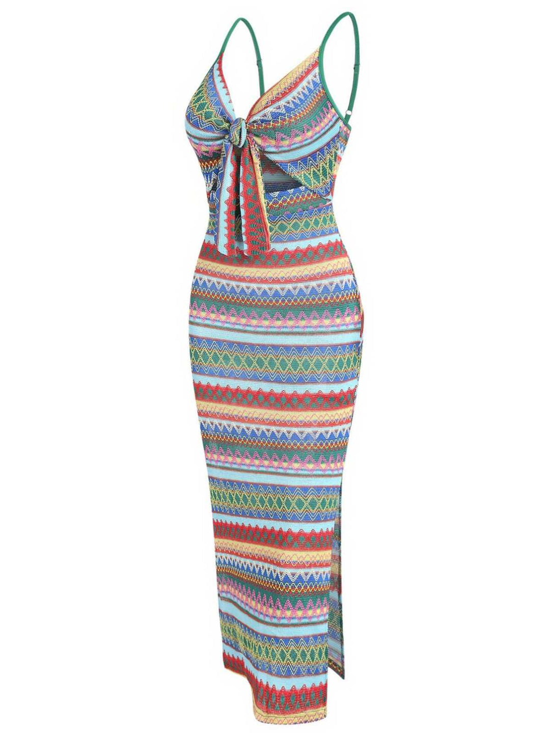 1970s Strap Colorful Stripes Lace-Up Boho Dress - vintage dress, retro fashion