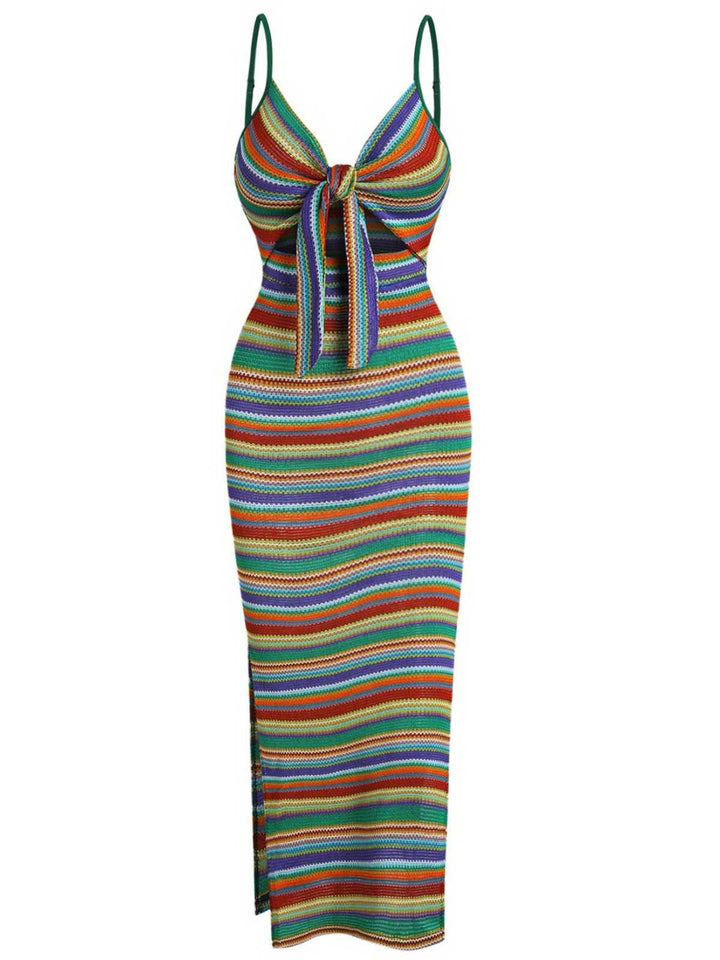 1970s Strap Colorful Stripes Lace-Up Boho Dress - vintage dress, retro fashion