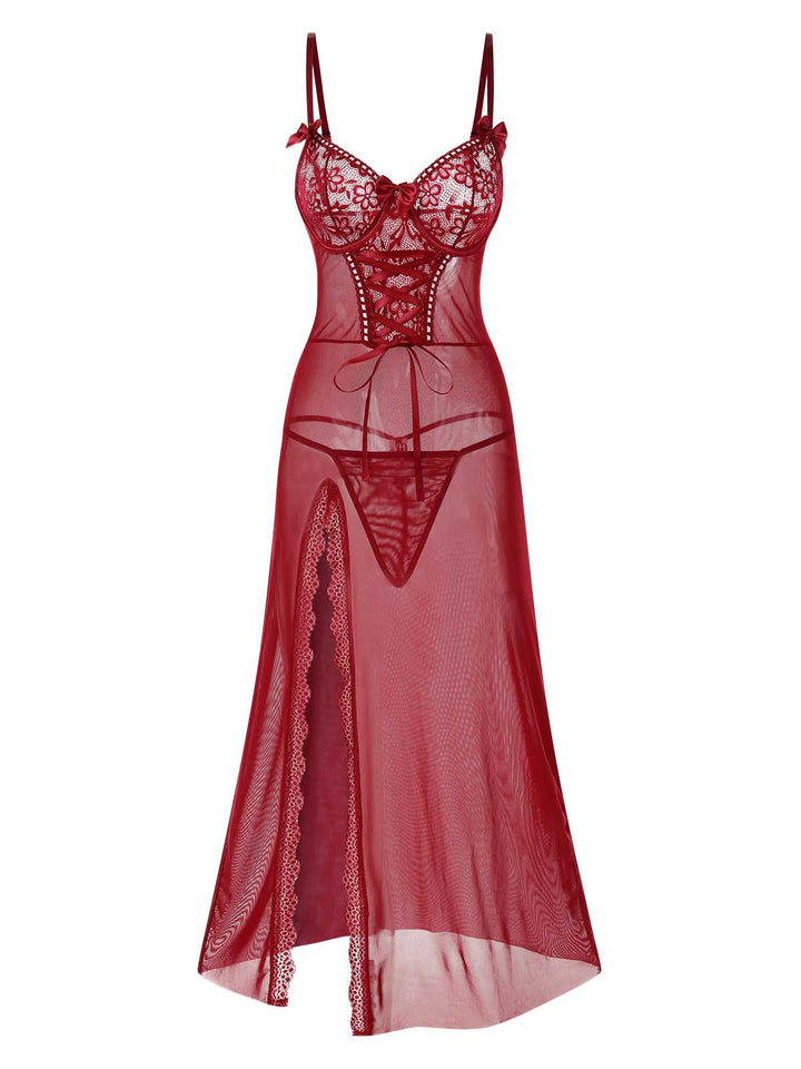 Strap Lace Sheer Slit Sleepwear Nightgown - vintage nightgown, retro sleepwear