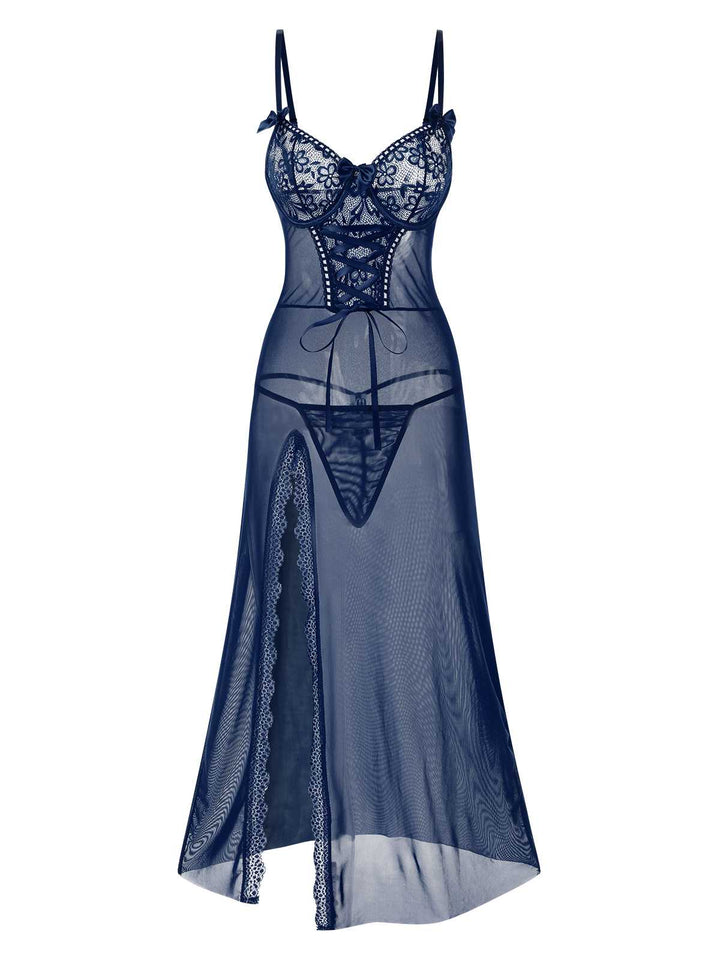 Strap Lace Sheer Slit Sleepwear Nightgown - vintage nightgown, retro sleepwear