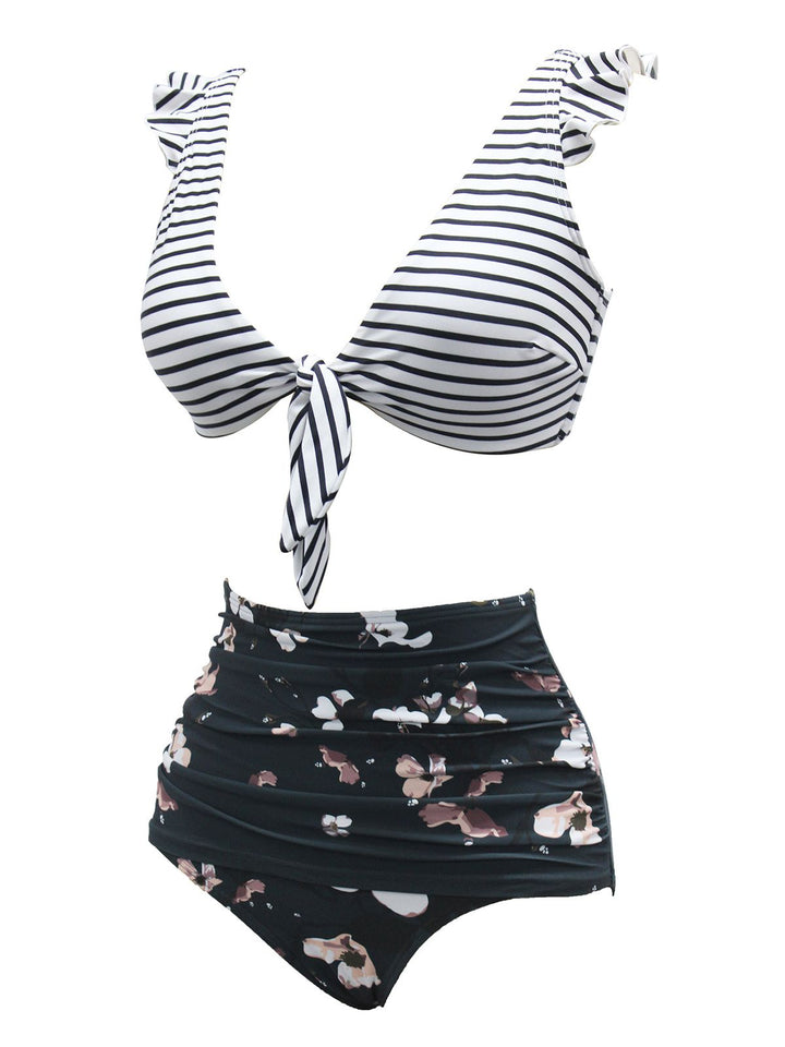 1970s Strap Stripes Floral Swimsuit: 1970s Riviera elegance, reimagined for her