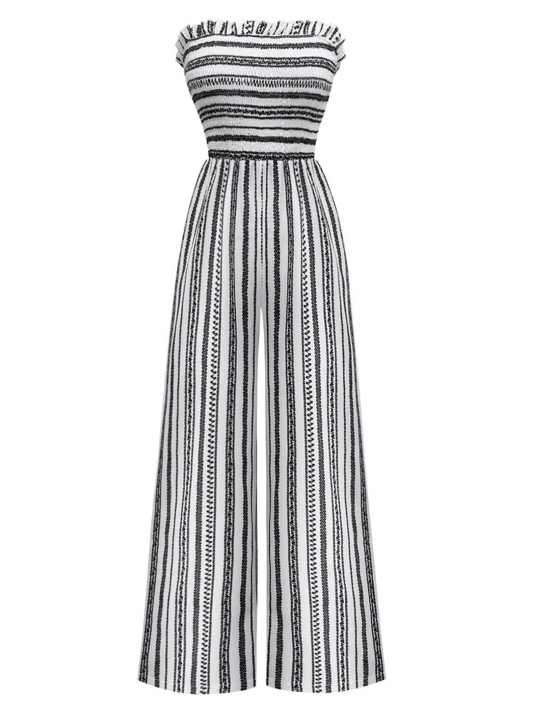 1970s Strapless Boho Stripes Wide Leg Jumpsuit - vintage jumpsuit, retro fashion