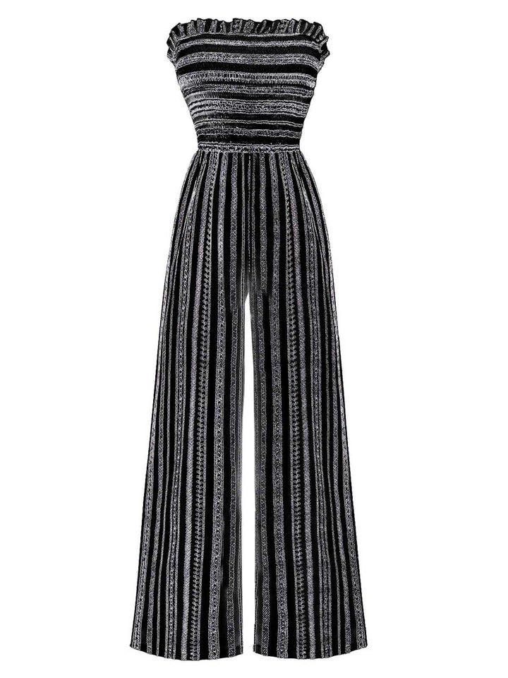 1970s Strapless Boho Stripes Wide Leg Jumpsuit - vintage jumpsuit, retro fashion