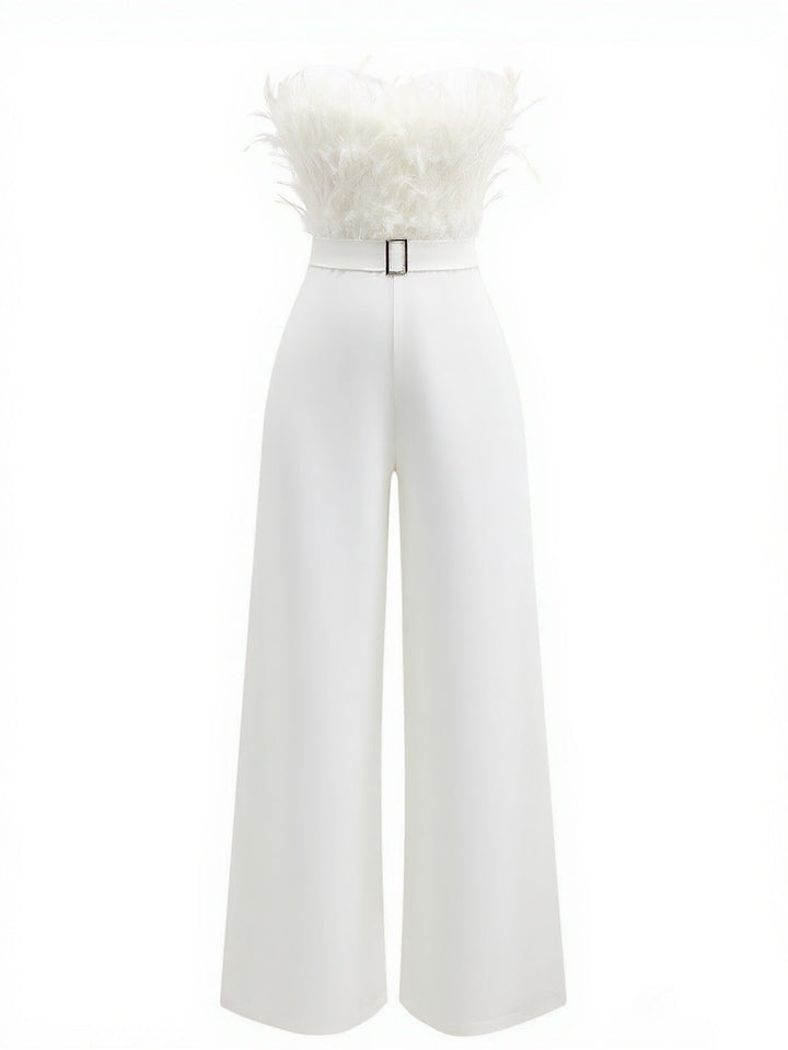 1970s Strapless Feather Solid Jumpsuit - vintage jumpsuit, retro fashion