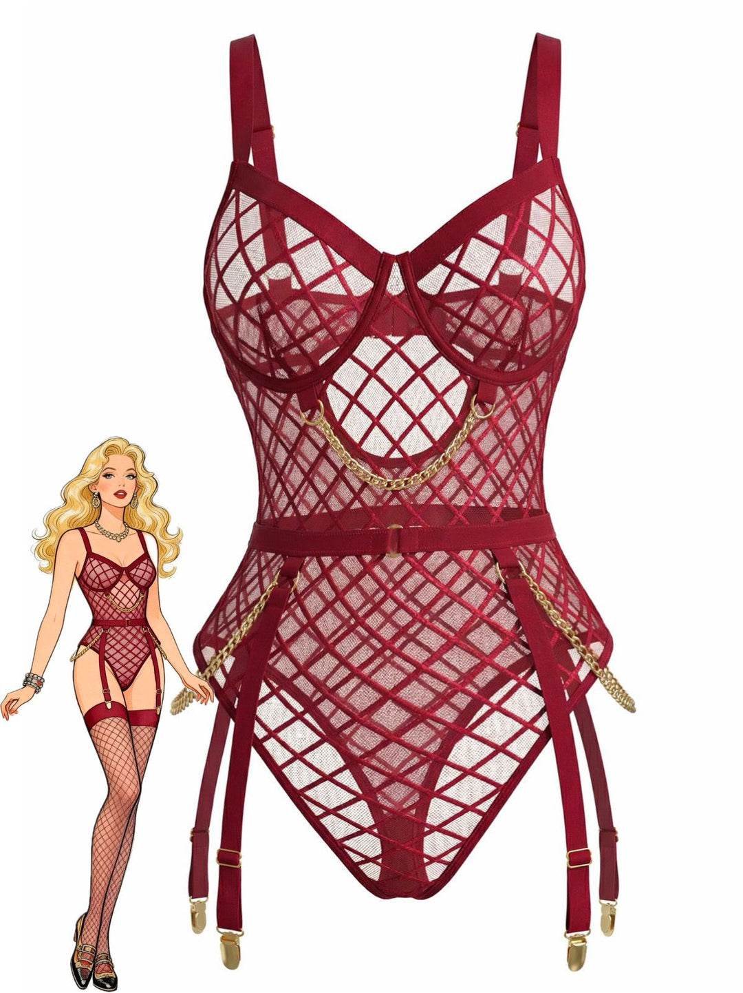 Strappy Chain Accents Sheer Mesh Lingerie - vintage fashion, retro style